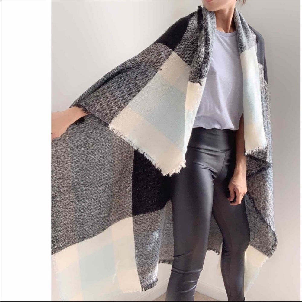 OVERSIZED TARTAN PLAIND WRAP SCARF - MINT GRAY - Picture 4 of 6